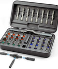 Top Shelf Heavy Duty 42 Piece Magnetic Ratchet Screwdriver Set With S2 Steel Bits Ergonomic Handle And Storage Case open showcasing bits.