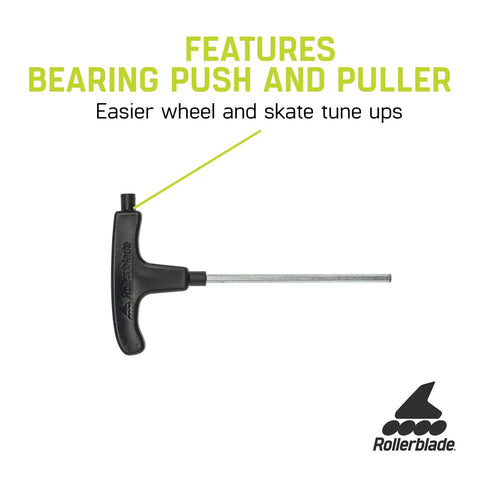 Inline Skate Blade Tool Pro Grade With 4mm Hex Key durable steel handle for axle changes, bearing push, and puller features.
