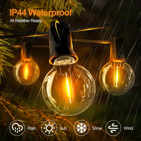 Led Outdoor String Lights 50 Foot Waterproof Patio Lighting With 25 Plus 1 Shatterproof G40 Edison Bulbs in rain