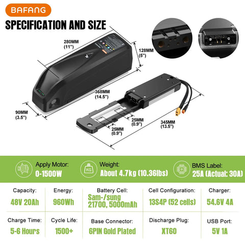 Dimensions of 48V 20Ah Ebike Battery With CAN Protocol And 30A BMS For 0 To 1500W Motors, fits mid-drive and hub motors
