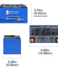 YTX7A-BS GEL Battery 12V 6Ah 105 CCA, blue housing with dimensions labeled, maintenance-free, top and front views