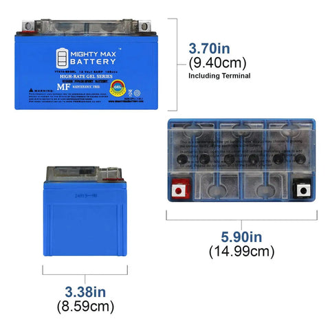 YTX7A-BS GEL Battery 12V 6Ah 105 CCA, blue housing with dimensions labeled, maintenance-free, top and front views