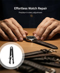Person using Metal Watch Band Removal Tool Kit with 8 Pins and Spring Bar Tool for strap change, black tool shown in detail.