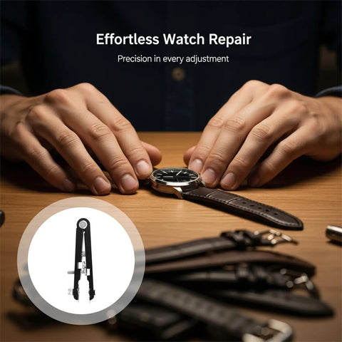 Person using Metal Watch Band Removal Tool Kit with 8 Pins and Spring Bar Tool for strap change, black tool shown in detail.