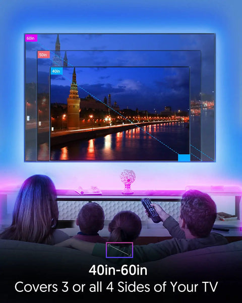 Family enjoying 9.8Ft RGB WiFi TV Backlight Strip With Alexa Google Assistant Control Music Sync 16 Million Colors Remote
