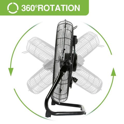 Side view of 20 Inch High Velocity Floor Fan With 3 Speeds Beast Mode Heavy Duty Industrial Metal Fan showcasing 360-degree rotation