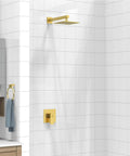 Brushed Gold Three Way Shower Set With Valve 8 Inch Square Shower Head Single Handle Trim Kit Extra Long 16 Inch Shower Arm