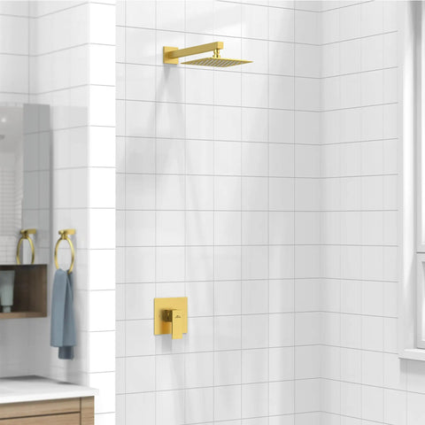Brushed Gold Three Way Shower Set With Valve 8 Inch Square Shower Head Single Handle Trim Kit Extra Long 16 Inch Shower Arm