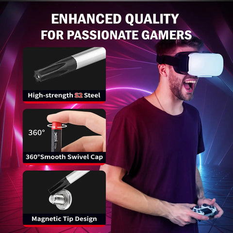 Person wearing VR headset with a 17 In 1 Gamebit And Tri Wing Screwdriver Repair Kit, showing high-strength steel and magnetic tip.