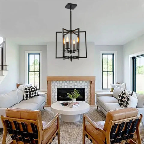 Industrial Farmhouse Pendant Light Fixture Four Lights Flush Mount Metal Ceiling Light With Adjustable Height E12 Base Candle Lantern