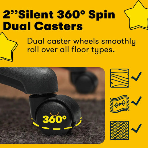Close-up of dual casters from a leather office chair with ergonomic lumbar support, showing silent 360° spin functionality.