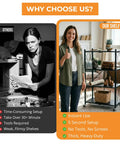 Image comparing heavy duty storage options showing frustration with tool setup vs ease of use of Heavy Duty 4 Tier Foldable Storage Shelf, Massive Rolling Wire Rack.