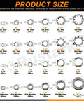 400 Piece 6 Size 304 Stainless Steel SAE External And Internal Star Washers, Split Lock Washers, Flat Washers, And Spring Lock Washers Assortment Kit For Home, Industry, And Construction. Size chart showing #6 to 3/8" washers.