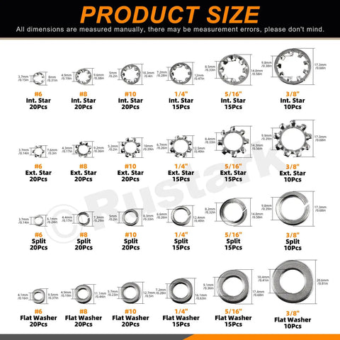 400 Piece 6 Size 304 Stainless Steel SAE External And Internal Star Washers, Split Lock Washers, Flat Washers, And Spring Lock Washers Assortment Kit For Home, Industry, And Construction. Size chart showing #6 to 3/8" washers.