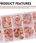 Copper Washers 200-Piece Metric Crush Washer Set For Car And Motorcycle organized in a box with various sizes visible