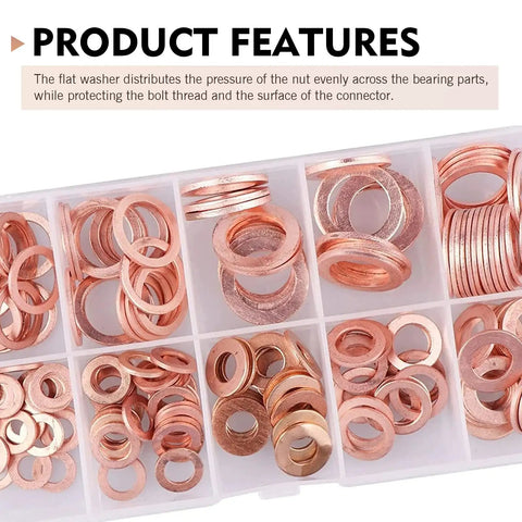 Copper Washers 200-Piece Metric Crush Washer Set For Car And Motorcycle organized in a box with various sizes visible
