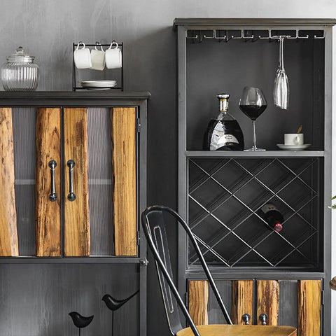 Rugged Industrial Wine Cabinet Floor Stand With Vintage Iron Finish and Ample Shelving displaying glasses and wine bottles.
