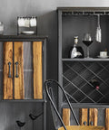 Kick Back In Style With This Sharp Iron Wine Cabinet Featuring A Sleek Industrial Look And Heavy Duty Multi Shelf Storage Perfect For Your Home Bar Or Dining Room No Sweat Setup Keeps Every Bottle Tidy Without The Fuss - Close-up of wine cabinet with wood accents, wine glasses, and vintage style decor.