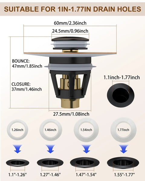Diagram of Bathroom Sink Stopper Pop Up Drain Plug With Detachable Hair Catcher Anti Clogging Design Fits 1.1 To 1.77 Inch Drains