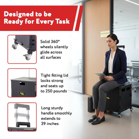 Woman sitting on Quik Cart 360 Rolling Crate With Wheels Collapsible Utility Cart For Teachers On The Go And Home Use