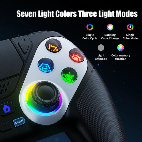 Close-up of RGB Wireless Gamepad For PS5 PC And Mobile With Turbo Macro featuring illuminated buttons and joystick.