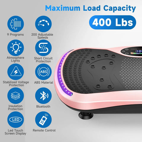 Home Vibration Plate for Lymphatic Drainage and Full Body Toning with 9 Modes and 200 Speed Levels, Pink, 400 Lb Capacity