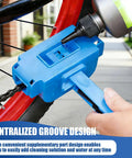 5 In 1 Do It All Bike Chain Cleaner And Emergency Repair Tool Kit with blue chain scrubber in use on bicycle chain.