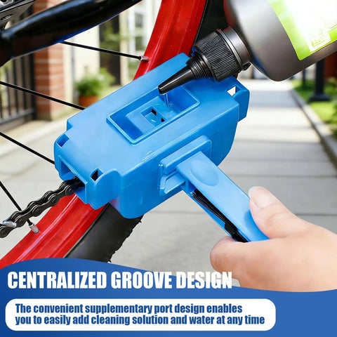 5 In 1 Do It All Bike Chain Cleaner And Emergency Repair Tool Kit with blue chain scrubber in use on bicycle chain.