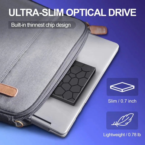 Ultra Slim External CD DVD Drive For Laptop And Desktop, 8 In 1 USB Three Point Zero Portable CD Burner, Easy Plug And Play Optical Drive Compatible With Mac Windows Linux, Power Cable Included For Reliable Performance., slim 0.7-inch optical drive in a laptop sleeve