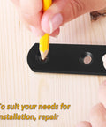 Marking screw holes on wood with Heavy Duty Stainless Steel Flat Brace Plates Set, Black Straight Mending Brackets, 4 Pack.