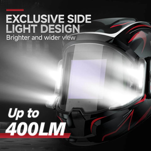 Welding Helmet With Panoramic 180 Degree View And True Color Auto Darkening, Built-In LED Lights, shown with side light design