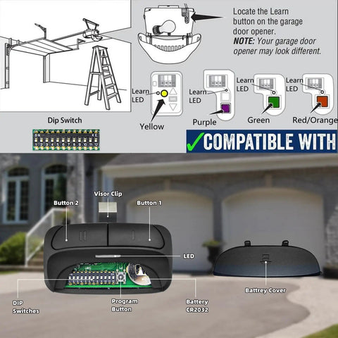 Smart Universal Garage Door Remote Compatible With Chamberlain, Linear, Stanley, Wayne Dalton, Craftsman And More Openers With Learn Button Or DIP Switch For Quick Setup And Reliable Long Range