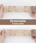 Hands holding 4 Roll Camo Tape Set For Outdoor Gear And Camping 2 Inch Wide By 14.76 Feet Each Roll, stretchable forest camo.