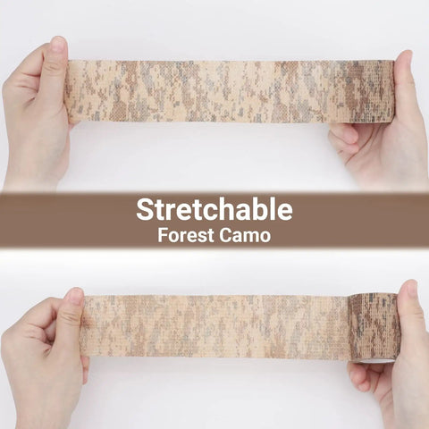 Hands holding 4 Roll Camo Tape Set For Outdoor Gear And Camping 2 Inch Wide By 14.76 Feet Each Roll, stretchable forest camo.