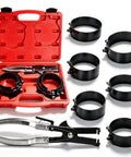 Six Piece Piston Ring Compressor Tool Set With Adjustable Rings And Installer Pliers in red carry case with tools shown