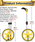 MZZKFC 3.3ft Foldable Mechanical Hand Push Distance Roller Wheel with aluminum pole and yellow plastic wheel specifications.