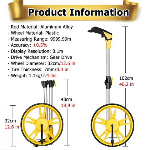 MZZKFC 3.3ft Foldable Mechanical Hand Push Distance Roller Wheel with aluminum pole and yellow plastic wheel specifications.