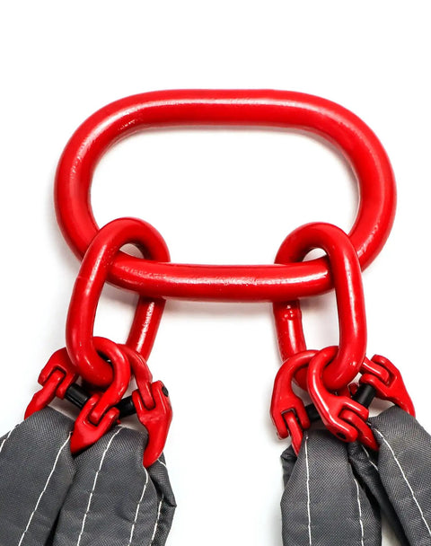 Heavy Duty 5ft Chain Sling Rigging Kit With Four Leg Grab Hooks And Adjuster 13220 Lb Safe Lifting Capacity G80 Alloy Steel Chain Eye Hooks For Safe Towing And Cargo Handling On Job Sites, red four-leg chain sling hooks