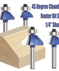 Four Pack 45 Degree Chamfer Router Bit Set With One Quarter Inch Shank Carbide Edges For Beveling And Wood Profiling Great For Edging And DIY Woodworking Includes Bevel Lengths One Quarter Five Sixteenths Three Eighths And One Half Inch showcasing chamfer bits and wood block.