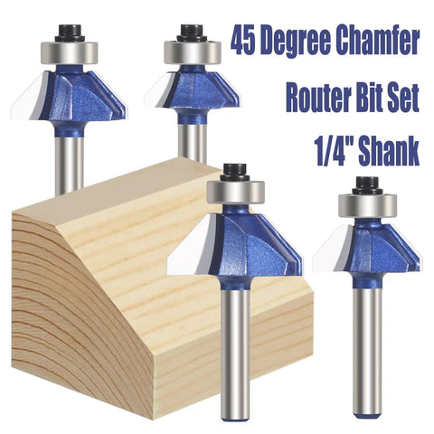 Four Pack 45 Degree Chamfer Router Bit Set With One Quarter Inch Shank Carbide Edges For Beveling And Wood Profiling Great For Edging And DIY Woodworking Includes Bevel Lengths One Quarter Five Sixteenths Three Eighths And One Half Inch showcasing chamfer bits and wood block.