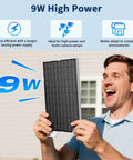 Man holding solar panel from Two Pack 9W Solar Panels IP65 Waterproof Charger Kit With 10 Foot USB C Cable And Micro USB Adapters