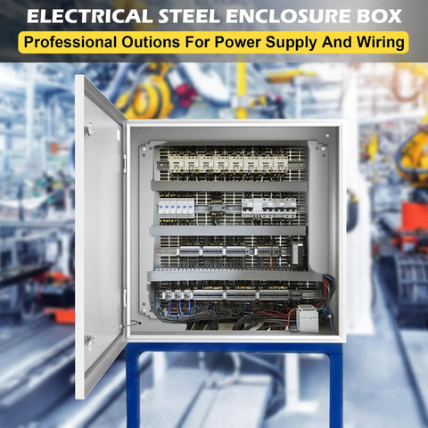 Built Like A Brick Is A Dang Tough Outdoor Electrical Junction Box 24x24x8 Inch Steel Cabinet with open door and wiring inside.