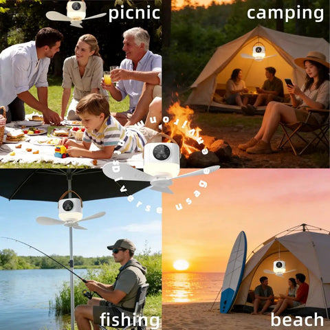 Rechargeable Portable Ceiling And Desk Fan With Light And Remote 11 Inch Camping RV Tent Fan for picnics, camping, fishing, beach scenes