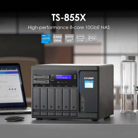 Heavy Duty Eight Bay Network Attached Storage Crafted As A Top Shelf Badass Rig Powered By Intel Atom C5125 Octa Core Processor For Smooth Team File Syncing And Massive Local Vaults, showcasing front view with multiple drive bays.