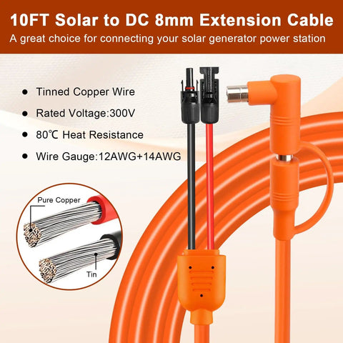Solar To DC 8mm Charge Extension Cable 10 Ft 12AWG Plus 14AWG Copper Core Solar Panel Connector Close-up