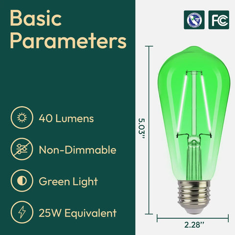 Green LED bulb with basic parameters: 40 lumens, non-dimmable, 25W equivalent, 5.03" height, 2.28" width, Shatterproof S14 Outdoor Light Bulbs 24 Pack For String Lights, E26 Base 1W 2200K Warm White, Non-Dimmable Patio Vibe Lighting, Waterproof Christmas Party Decor, Replacement Bulbs For Outdoor Use.