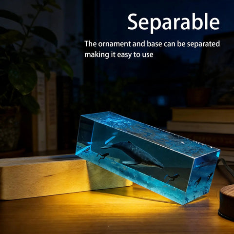 Ocean Scene Resin Night Light With Wood Base Usb Powered Lamp For Bedroom Decor showcasing humpback whale figurine