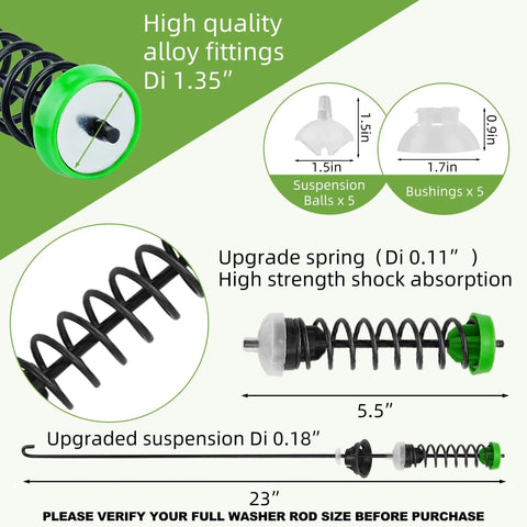 Upgraded W11130362 Washer Suspension Rod Kit Fits Whirlpool Maytag Machines with alloy fittings and bushings, 23 inch length.