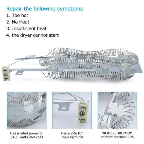 Upgraded Dryer Heating Element Kit 8544771 with WP8544771 Thermal Fuse 279973 3392519 and 279816 Thermostat Cut Off shown in parts