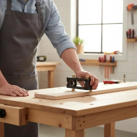 Premium Adjustable Hole Positioning Jig With Stainless Steel Sleeves For Accurate Doweling And Cabinet Assembly in use on a wood surface.